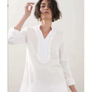 Chico’s Women's White Linen Blend Embellished Kurta Tunic Blouse Beachy Sz 16/18